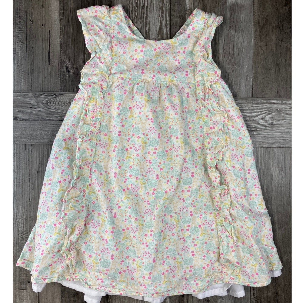 Shabby Chic Girls Floral Ruffle Cross Back Sundress Size 6 Pink Yellow Green